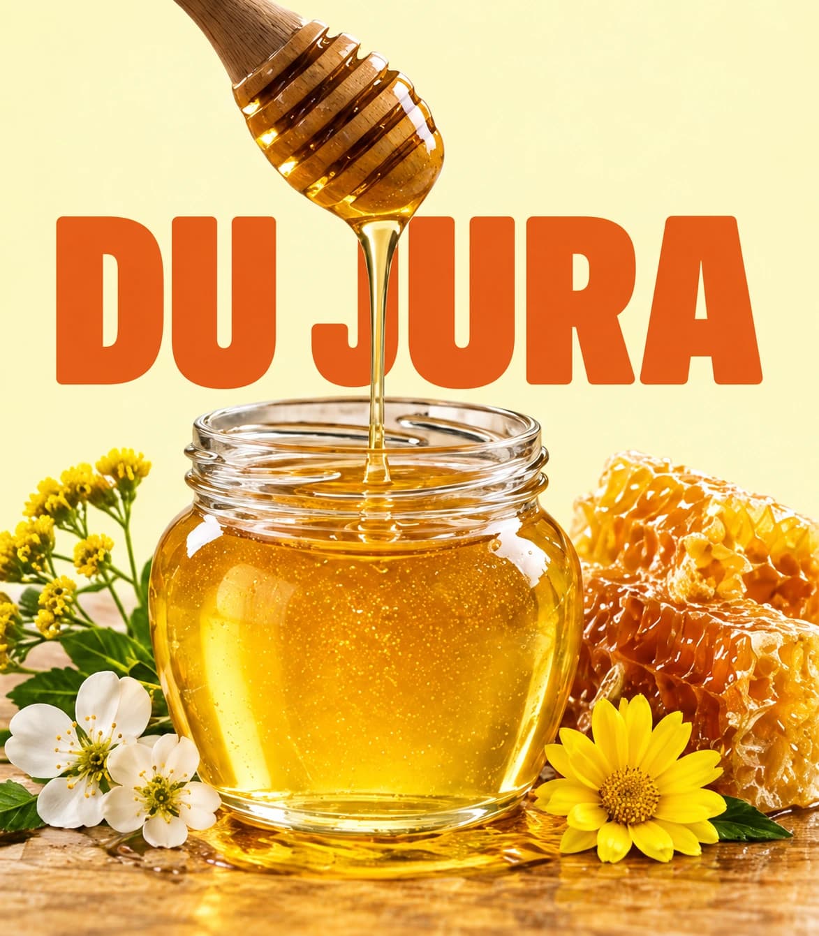 Du Jura : un filet de miel passe devant les lettres orange et coule dans un pot entouré de fleurs